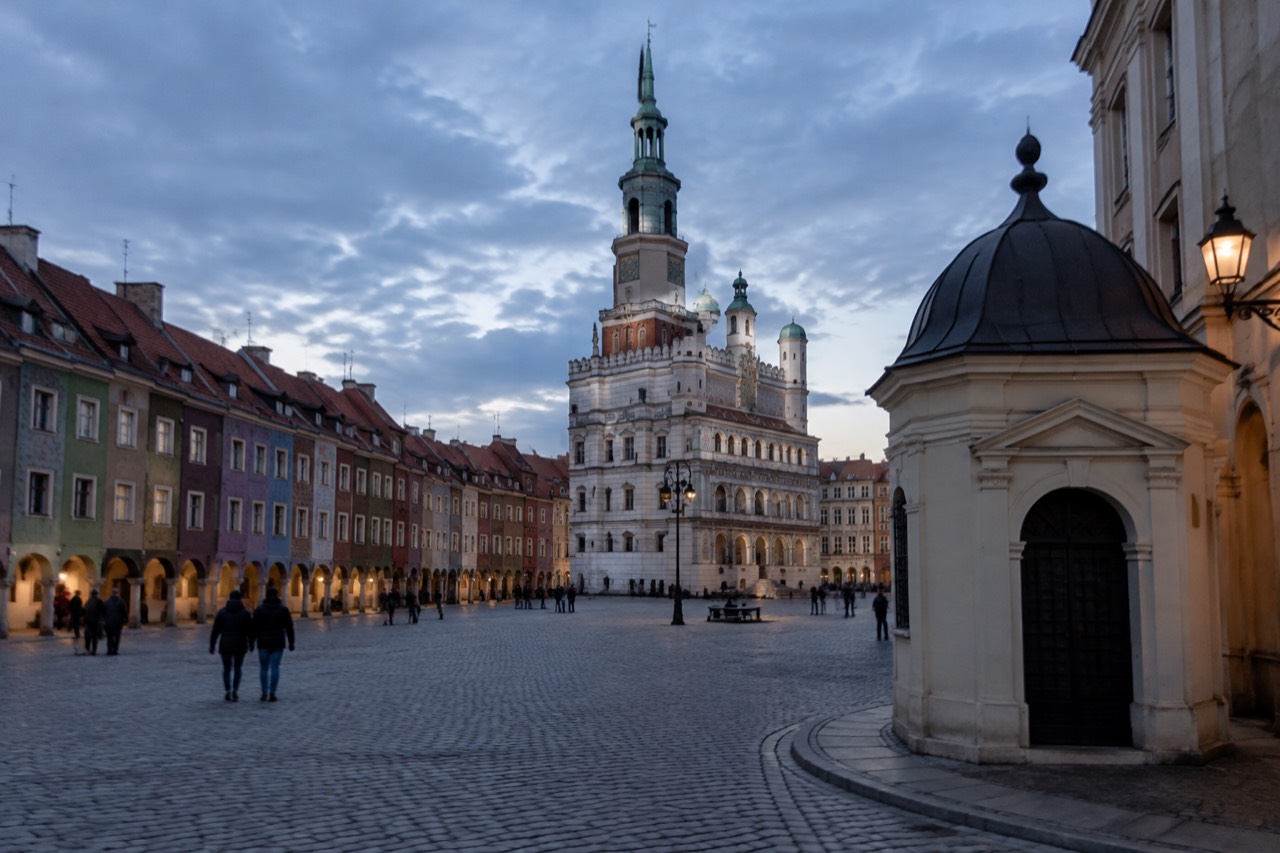 The small classical Odwach guardhouse on the corner of Poznan's Old Market Square