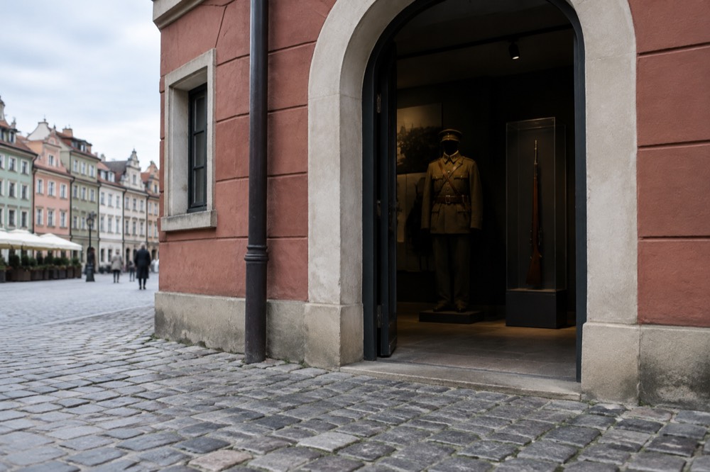 Historic rifles and uniforms displayed in glass cases in a small museum gallery