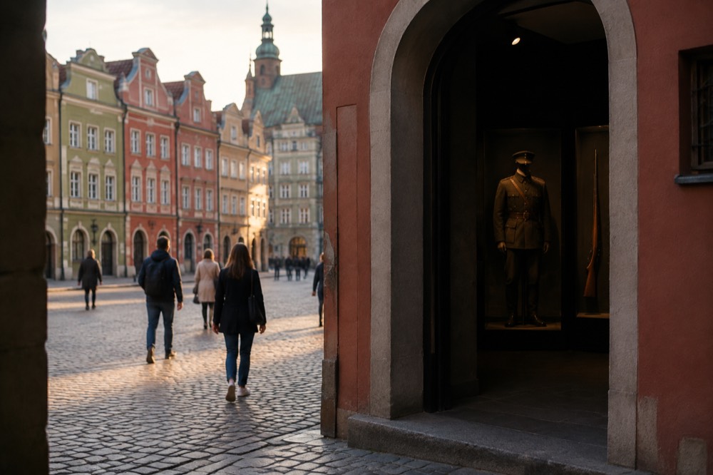 Visitors walking between museum entrances on a cobblestone market square