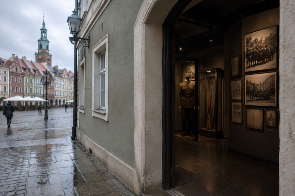 Framed historical photographs and documents on a museum wall