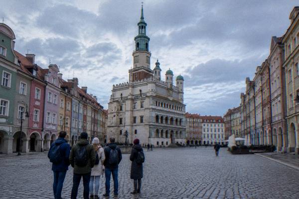 A small group on a guided walk through the old town