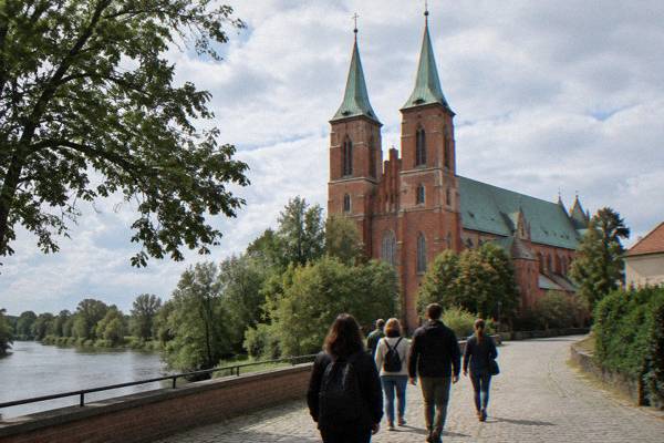 A small group gathered for a free walking tour in the old town