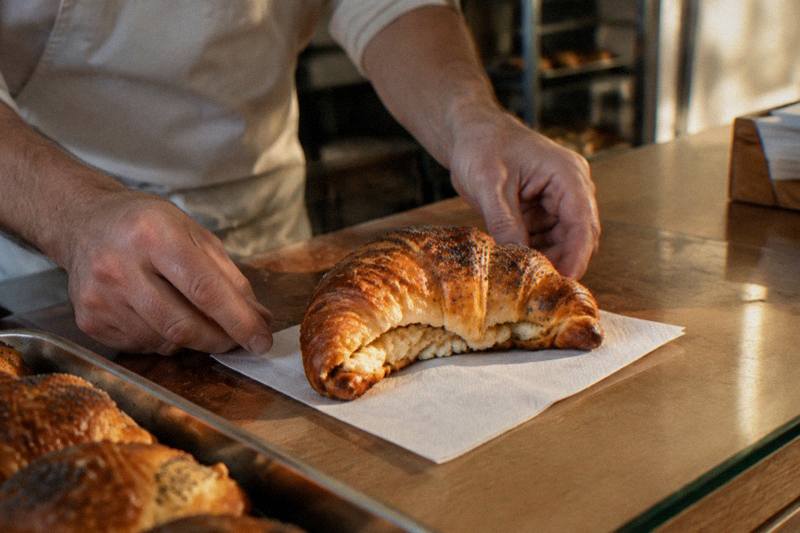 A St Martin crescent pastry on a bakery counter in Poznan