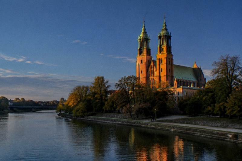 Poznan Cathedral towers lit at night