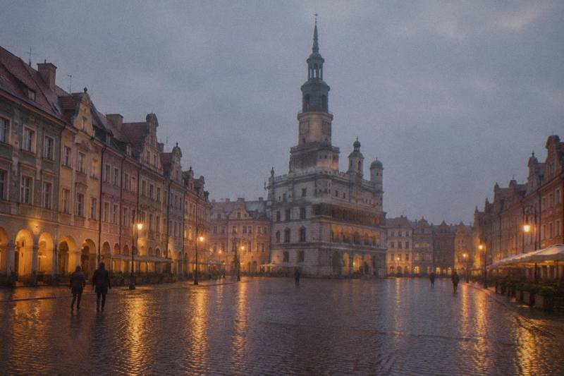 Poznan Old Market Square lit after dark