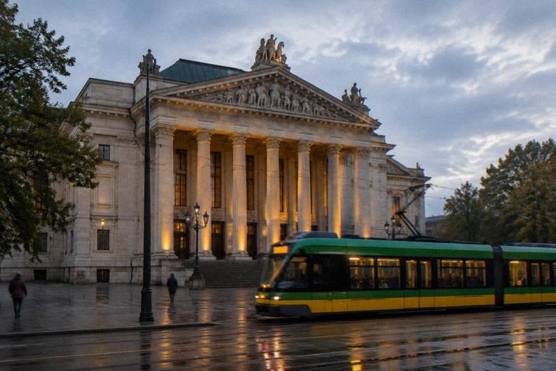The Poznan Opera House lit at dusk