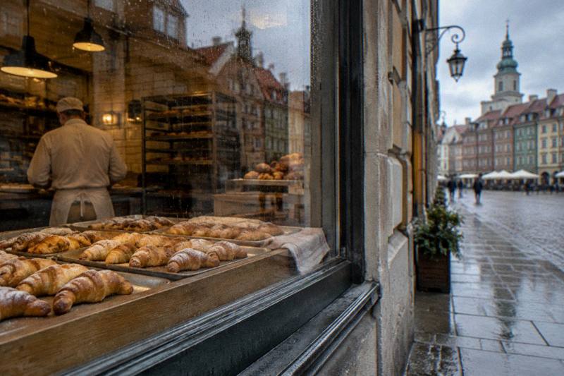 Crescent pastries in a bakery window on the Poznan Old Market Square