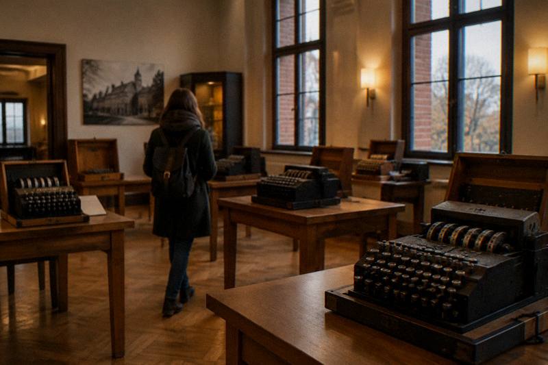 Cipher machines on display at the Enigma Cipher Centre in Poznan