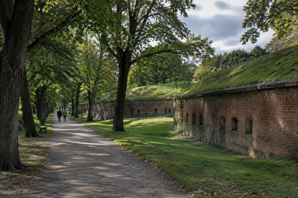 Brick fort walls and lawns in Citadel Park, Poznan