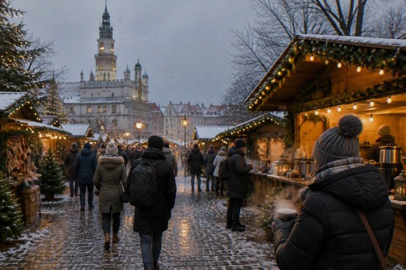 Christmas market stalls lit in the cold in Poznan