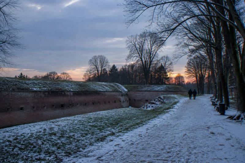 A snowy path in Citadel Park, Poznan