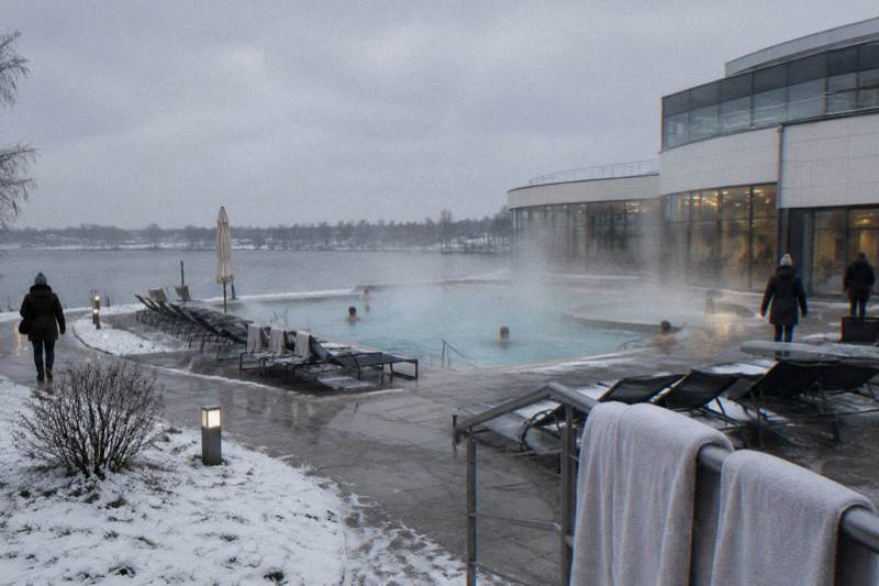 A steaming outdoor pool in winter at the Malta Thermal Baths